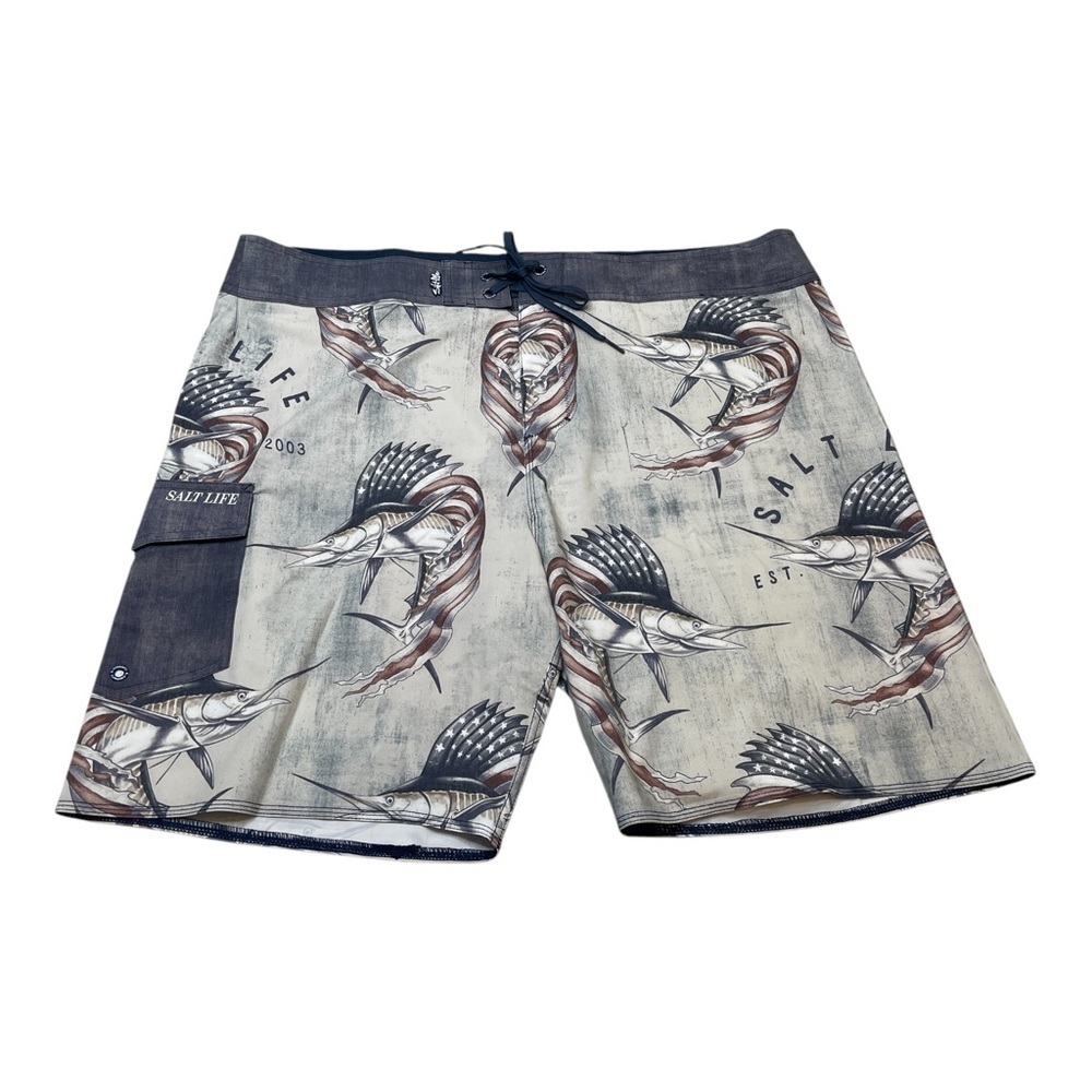 Salt Life Patriot USA Flag Sailfish Glory Swim Board Shorts Mens Size 40 New